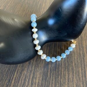 HAND CRAFTED ASYMMETRICAL BRACELET Light Blue Haimian Jing Jade White FW Pearls